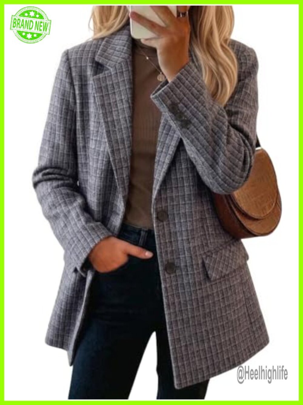 Wool Blend Houndstooth Tweed Oversized Blazer Business Casual